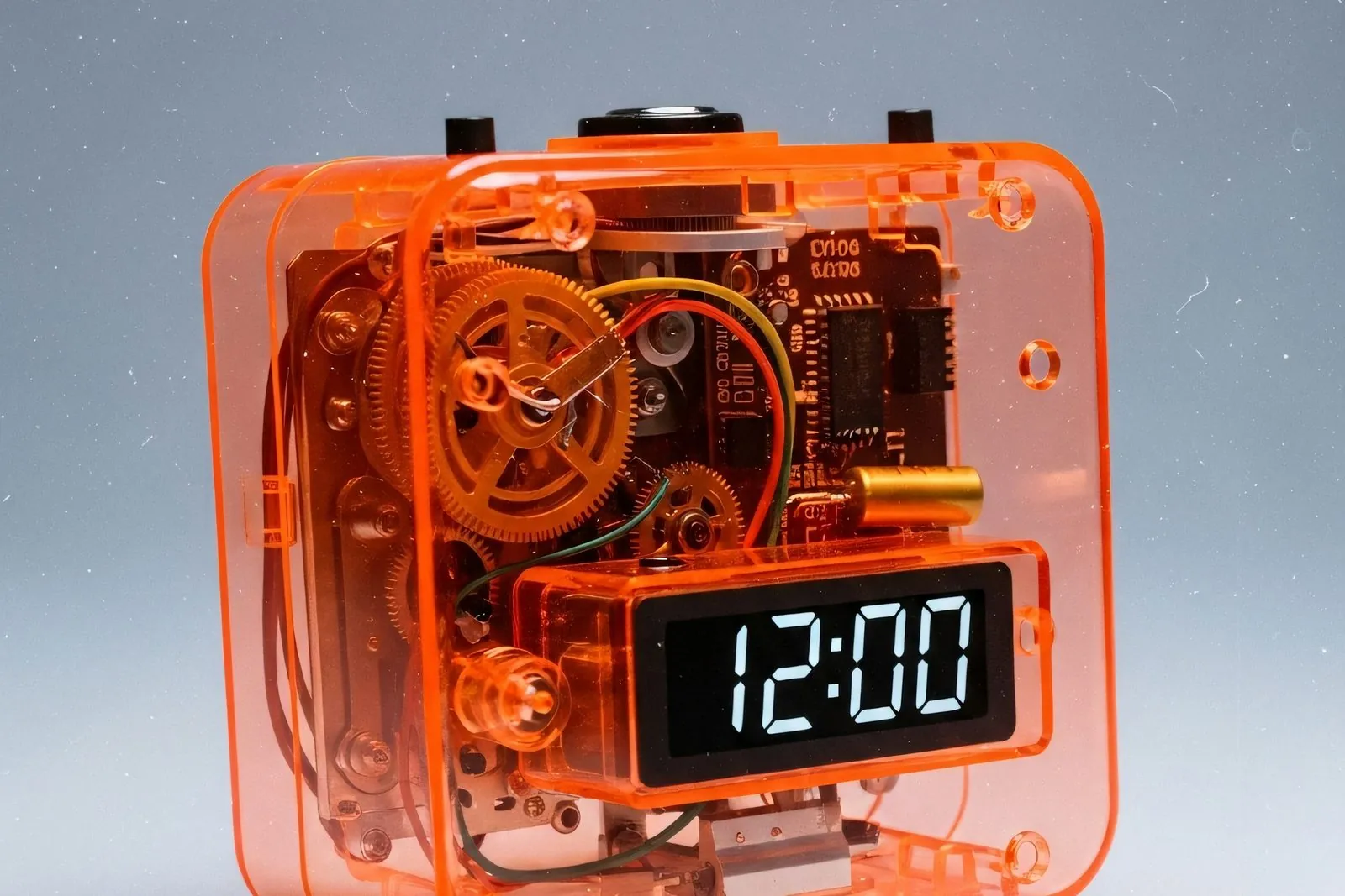 Reloj digital transparente con sus engranajes a la vista