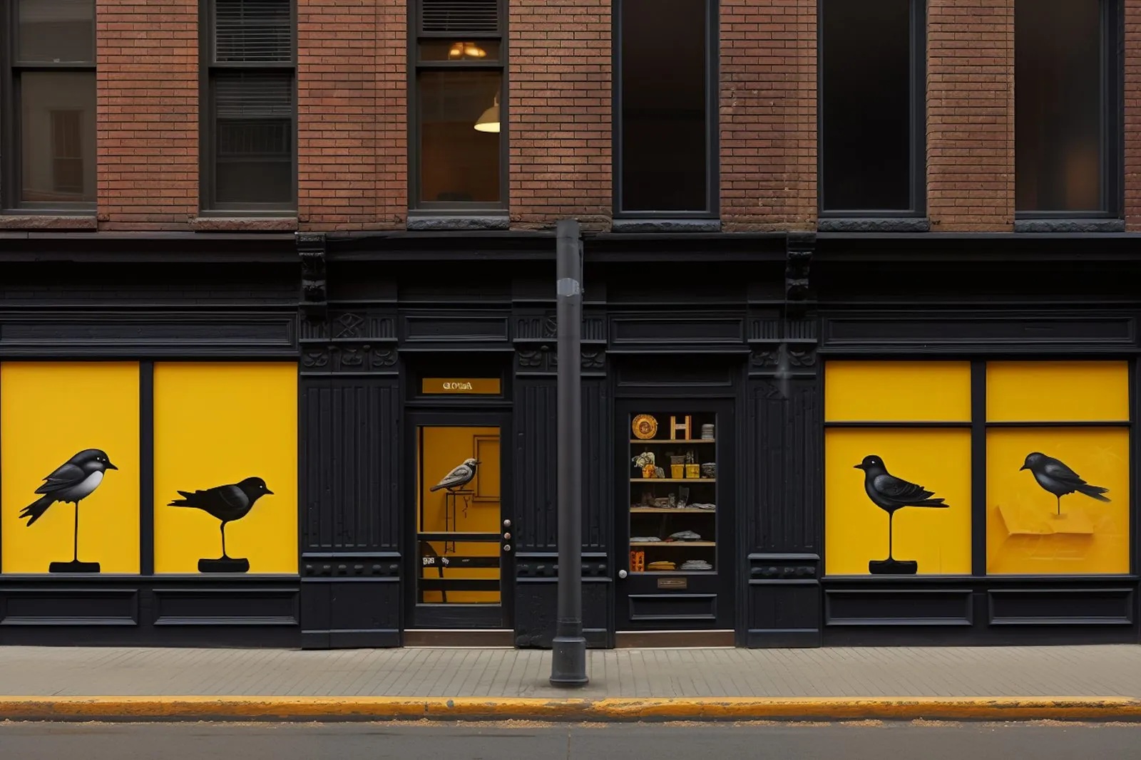 Fachada de una tienda con identidad visual propia en negro y amarillo