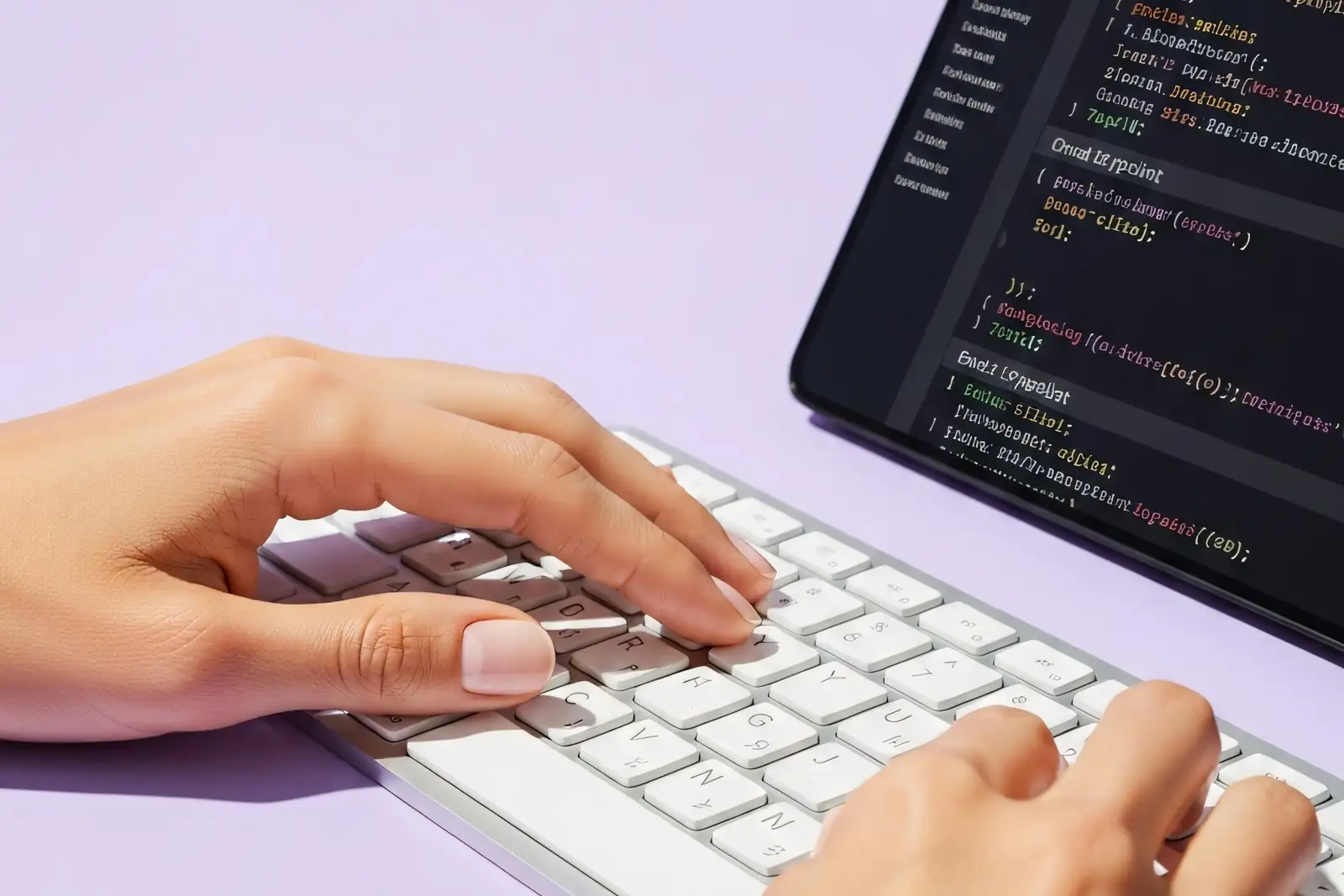 Dos manos escribiendo en un teclado blanco sobre una mesa lila, junto a una pantalla con código