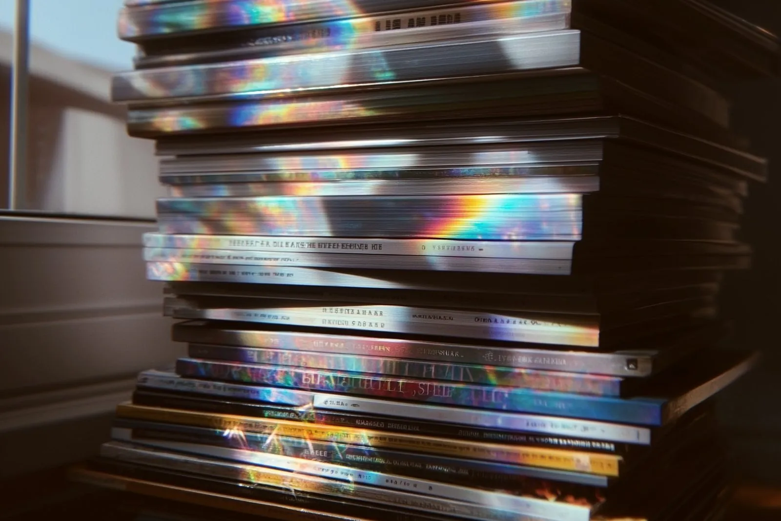 Pila de documentos impresos atravesada por reflejos de luz